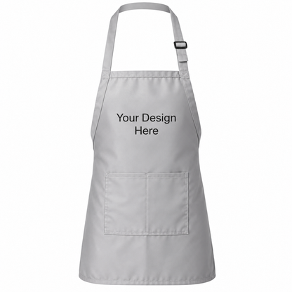 Light gray custom pocket bib apron with logo on front