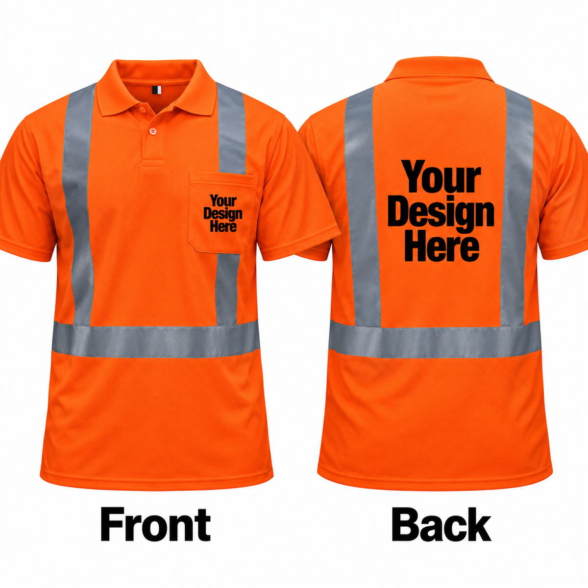 Safety Orange custom reflective polo with front and back DTF logo placement