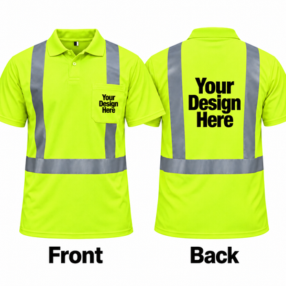 Safety Yellow custom reflective polo with front and back DTF logo placement