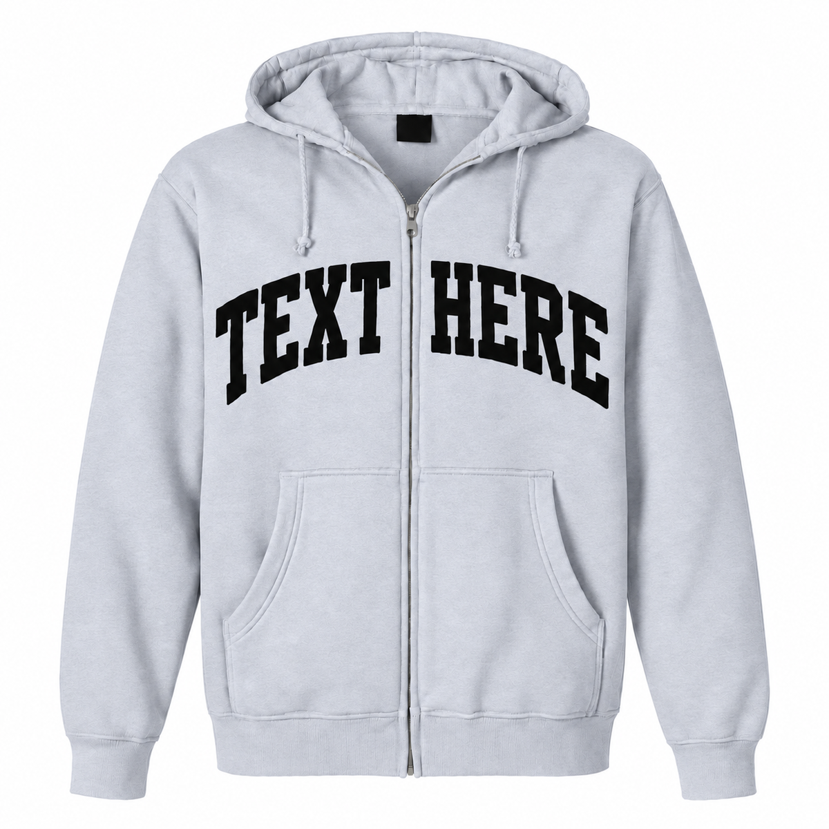 A light gray zip-up hoodie with 'TEXT HERE' printed in black arched block letters across the chest, shown on a plain white background.

