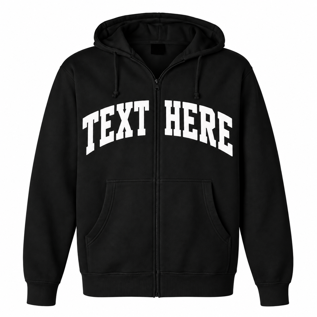 A black zip-up hoodie with 'TEXT HERE' printed in white arched varsity-style letters across the chest, shown on a plain white background.

