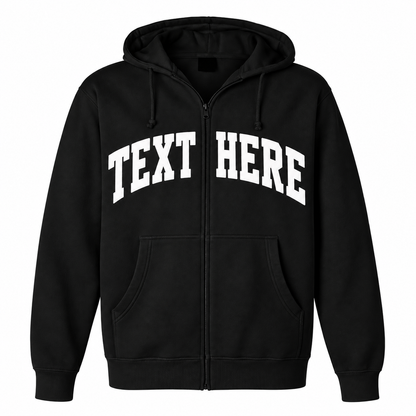 A black zip-up hoodie with 'TEXT HERE' printed in white arched varsity-style letters across the chest, shown on a plain white background.

