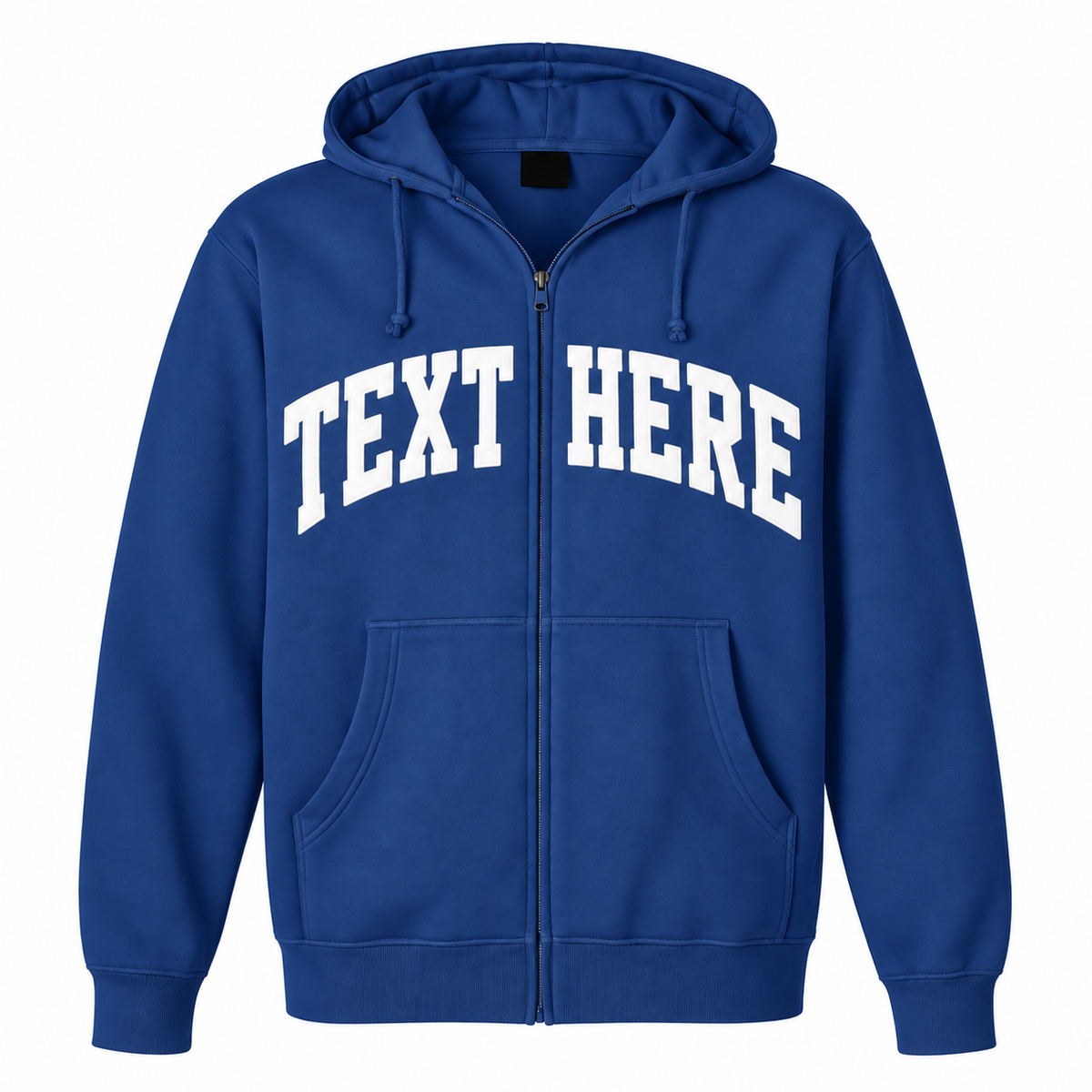 A royal blue zip-up hoodie with 'TEXT HERE' printed in white arched block letters across the chest, shown on a plain white background.

