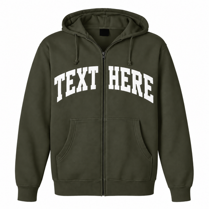 An olive green zip-up hoodie with 'TEXT HERE' printed in white arched block letters across the chest, displayed on a solid white background.

