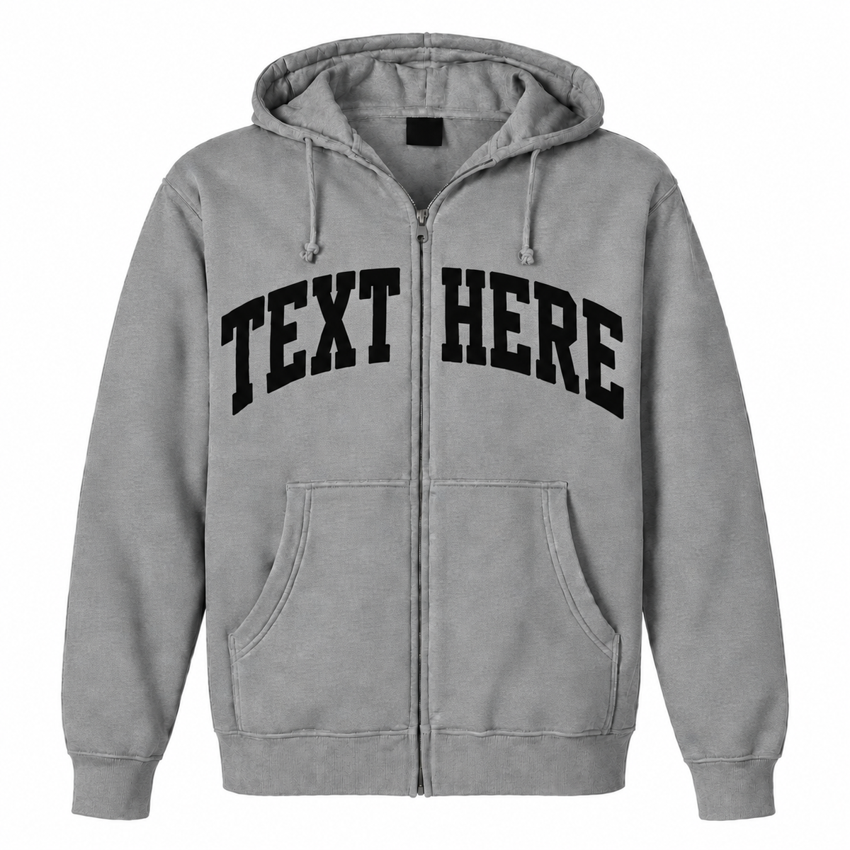 A light gray zip-up hoodie with 'TEXT HERE' printed in black arched varsity letters across the chest, shown on a plain white background.

