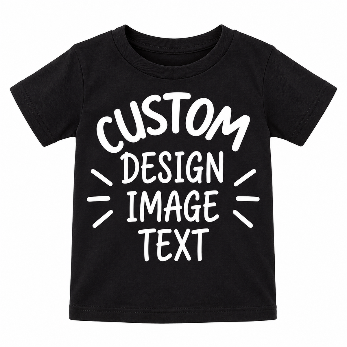 A black short-sleeve t-shirt with white text reading 'CUSTOM DESIGN IMAGE TEXT' on the front, displayed against a solid white background.

