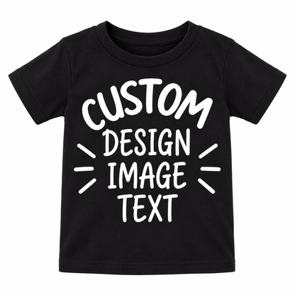 A black short-sleeve t-shirt with white text reading 'CUSTOM DESIGN IMAGE TEXT' on the front, displayed against a solid white background.

