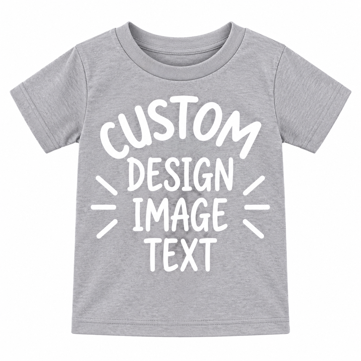A light heather gray short-sleeve t-shirt with a white graphic text placeholder reading 'CUSTOM DESIGN IMAGE TEXT' on the front, shown against a plain white background.

