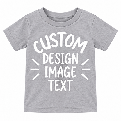A light heather gray short-sleeve t-shirt with a white graphic text placeholder reading 'CUSTOM DESIGN IMAGE TEXT' on the front, shown against a plain white background.

