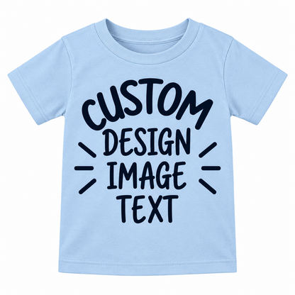 A light blue short-sleeve t-shirt with customizable black text reading 'CUSTOM DESIGN IMAGE TEXT' printed on the front, shown against a plain white background.


