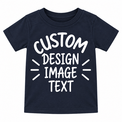 A navy blue short-sleeve t-shirt with white placeholder text reading 'CUSTOM DESIGN IMAGE TEXT' on the front, displayed against a solid white background.

