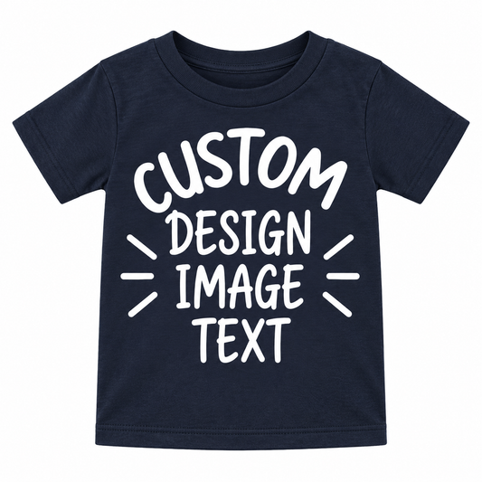 A navy blue short-sleeve t-shirt with white placeholder text reading 'CUSTOM DESIGN IMAGE TEXT' on the front, displayed against a solid white background.

