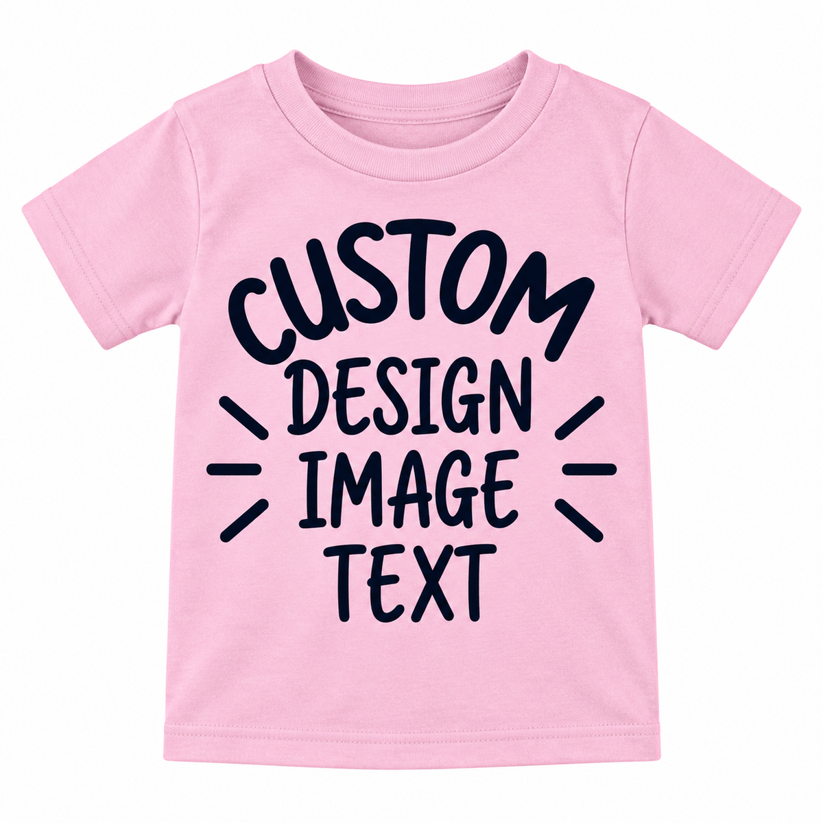 A light pink short-sleeve t-shirt with a customizable black graphic print reading 'CUSTOM DESIGN IMAGE TEXT' on the front, shown against a plain white background.

