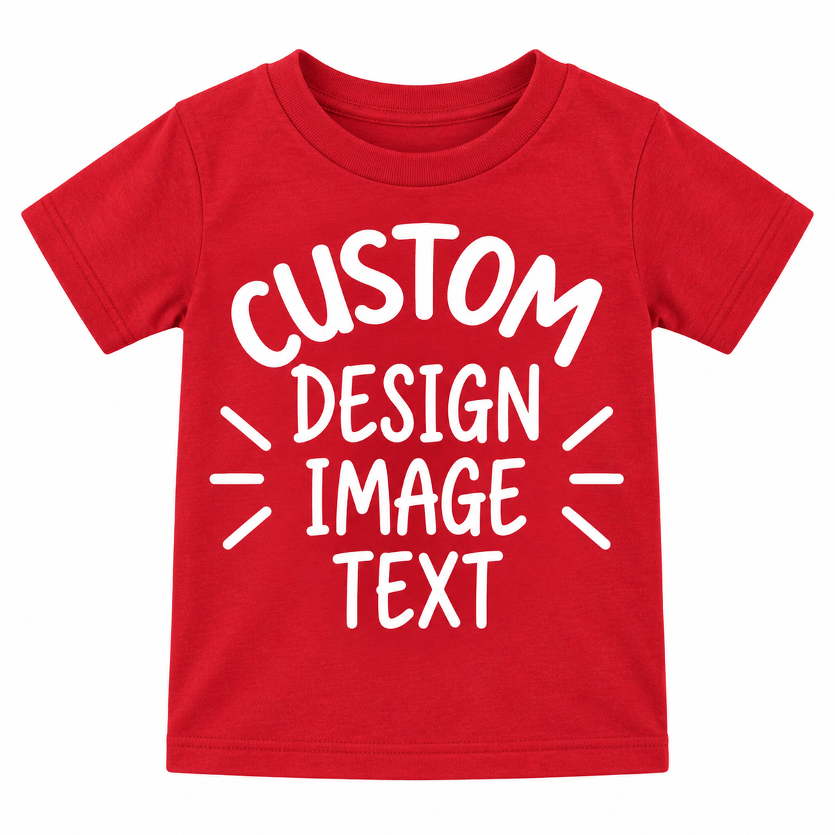 A red short-sleeve t-shirt with white text reading 'CUSTOM DESIGN IMAGE TEXT' on the front, displayed against a plain white background.

