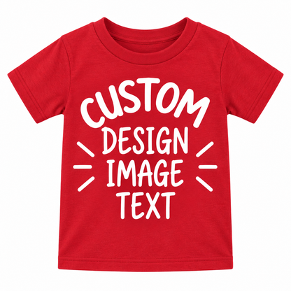A red short-sleeve t-shirt with white text reading 'CUSTOM DESIGN IMAGE TEXT' on the front, displayed against a plain white background.

