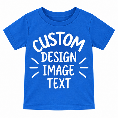 A royal blue short-sleeve t-shirt with white text reading 'CUSTOM DESIGN IMAGE TEXT' on the front, shown on a plain white background.


