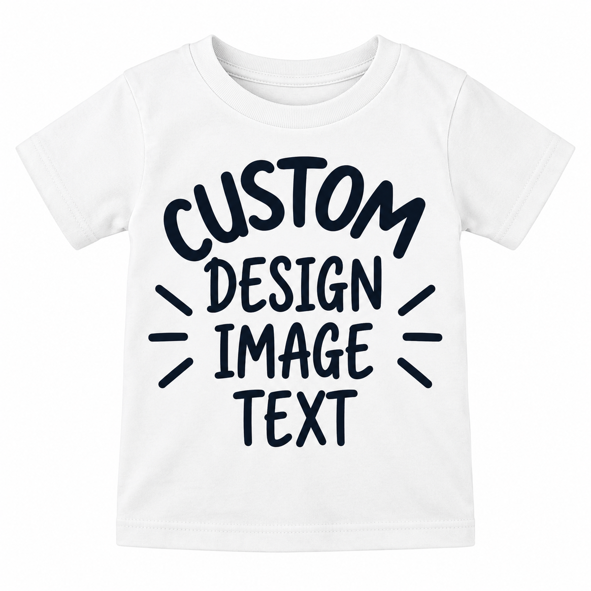 A white short-sleeve t-shirt with a customizable dark navy graphic print on the front reading 'CUSTOM DESIGN IMAGE TEXT'.

