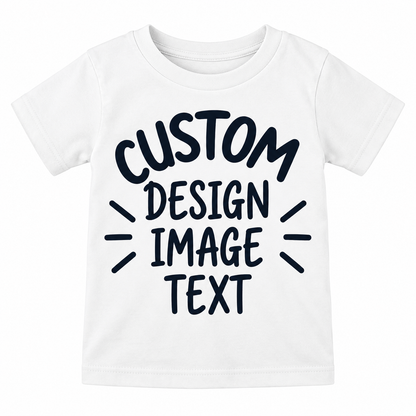 A white short-sleeve t-shirt with a customizable dark navy graphic print on the front reading 'CUSTOM DESIGN IMAGE TEXT'.

