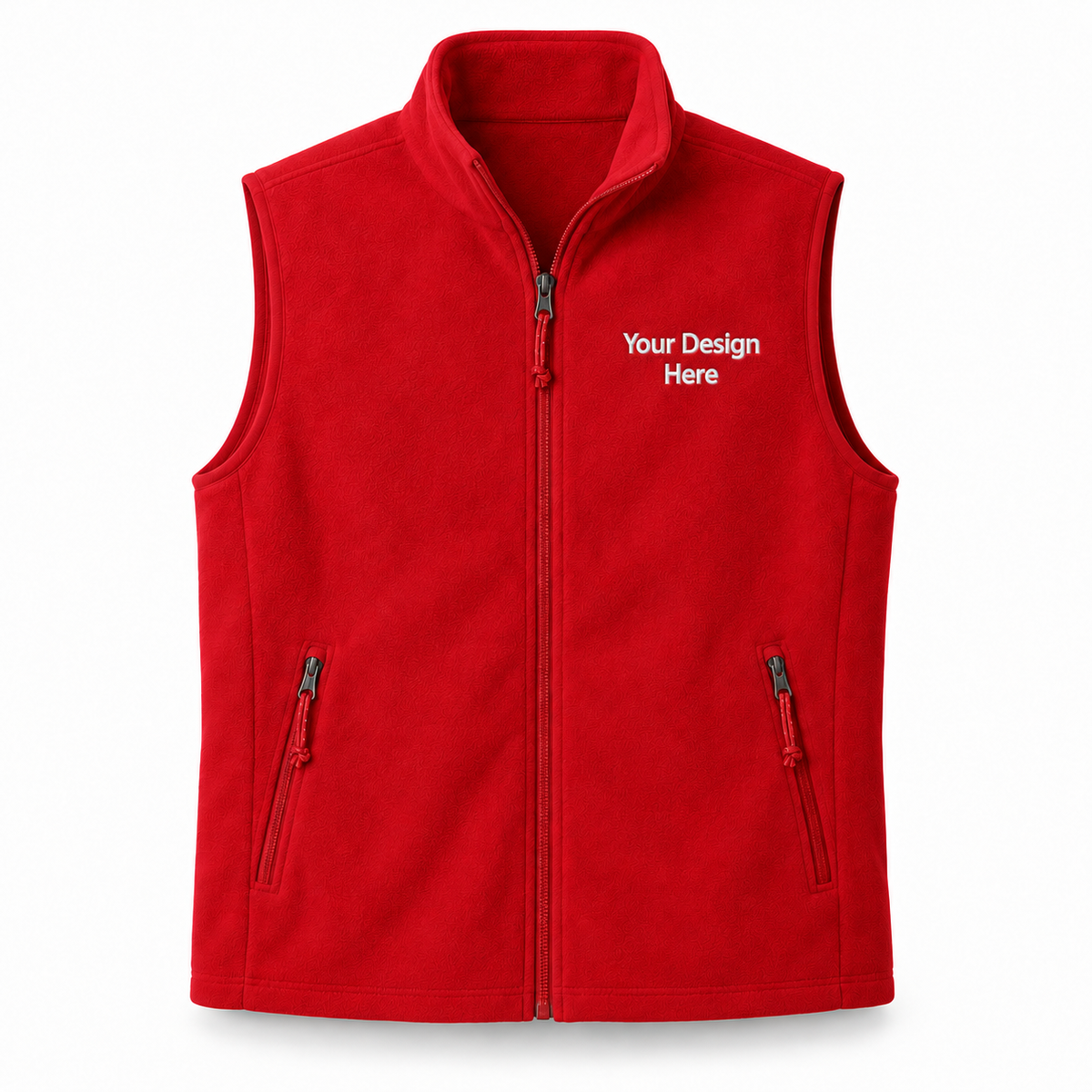 True Red custom fleece vest with white front left-chest embroidery
