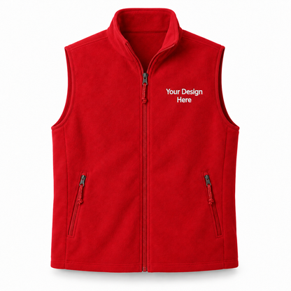 True Red custom fleece vest with white front left-chest embroidery