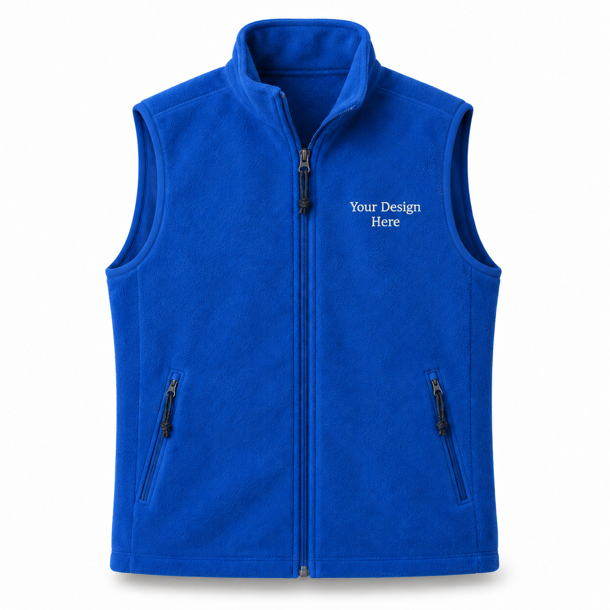 True Royal custom fleece vest with white front left-chest embroidery