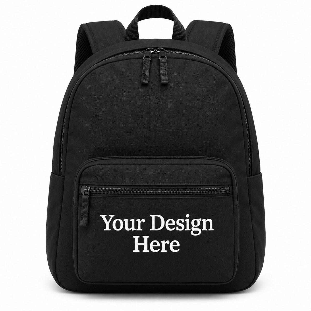 Custom value backpack in black with Your Design Here on the front zippered pocket