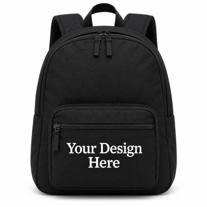 Custom value backpack in black with Your Design Here on the front zippered pocket