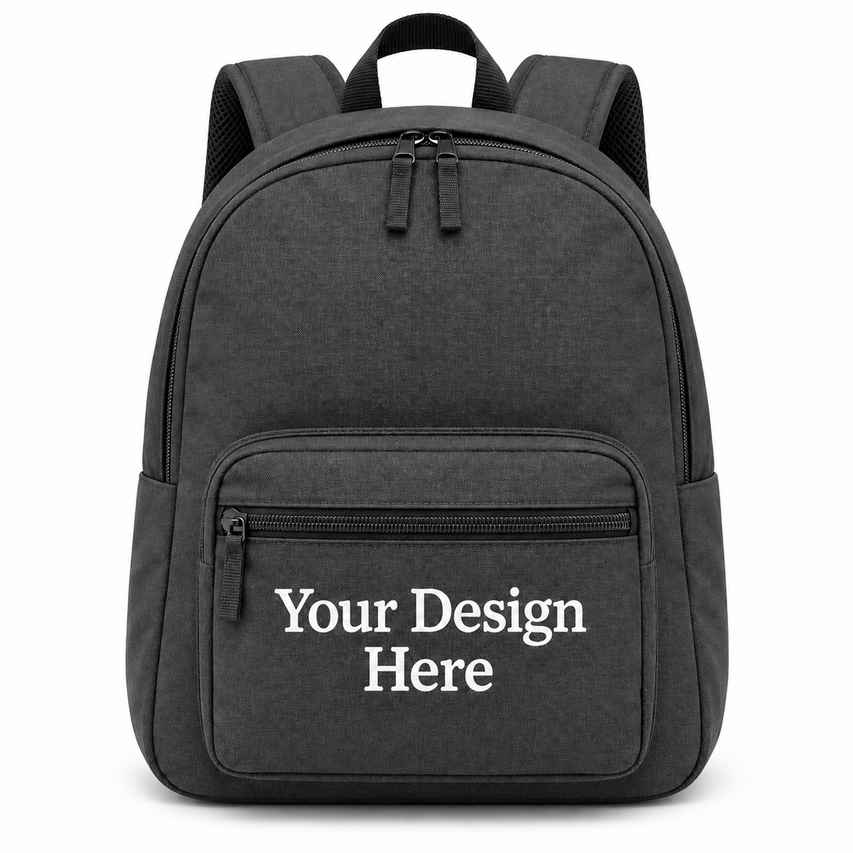 Custom value backpack in dark charcoal with Your Design Here on the front zippered pocket
