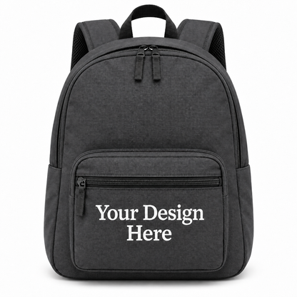 Custom value backpack in dark charcoal with Your Design Here on the front zippered pocket
