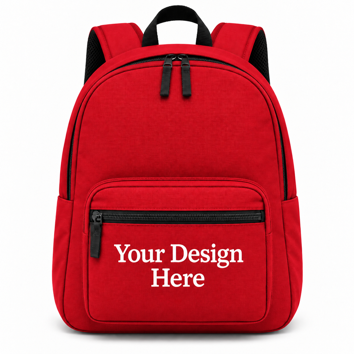 Custom value backpack in red with Your Design Here on the front zippered pocket
