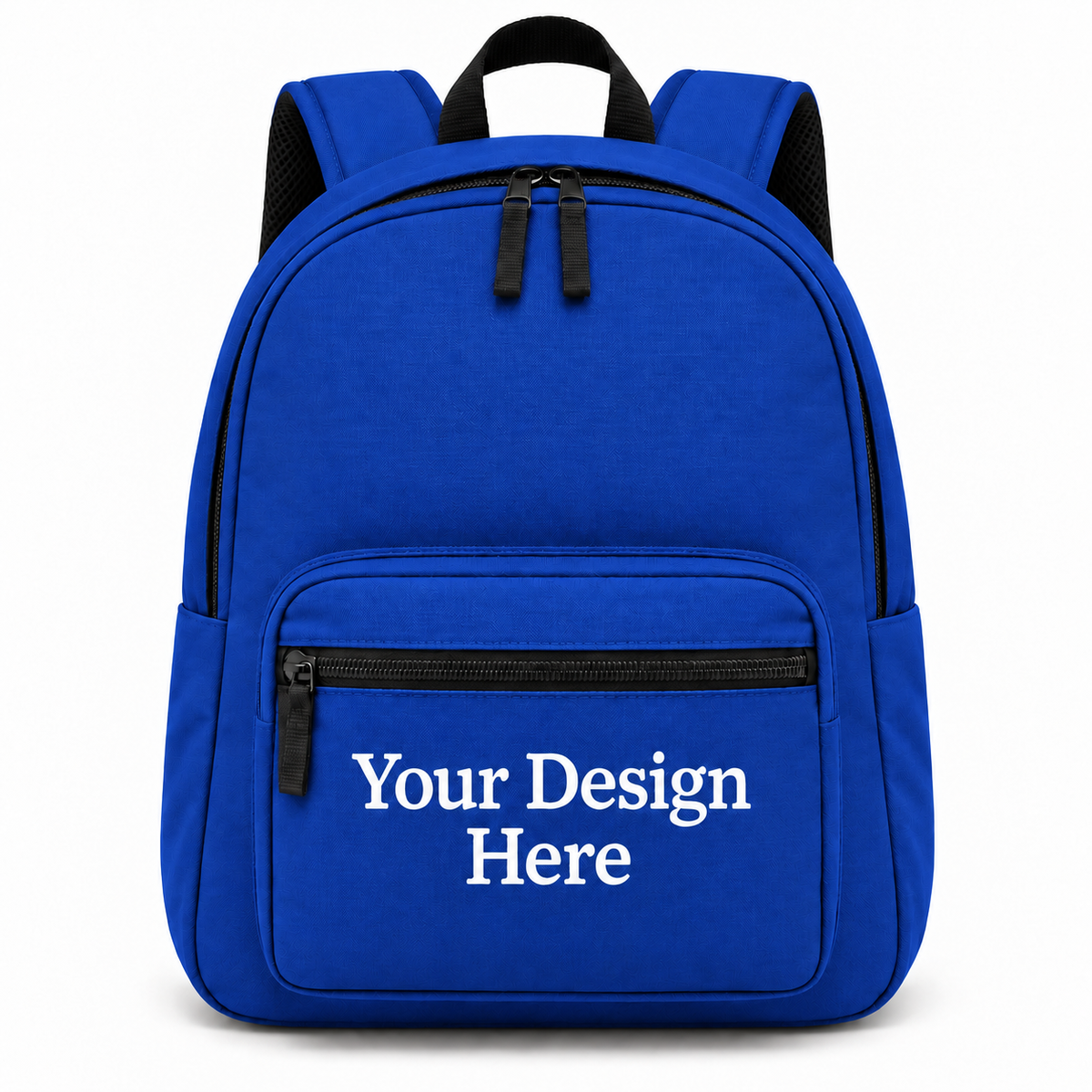 Custom value backpack in twilight blue with Your Design Here on the front zippered pocket