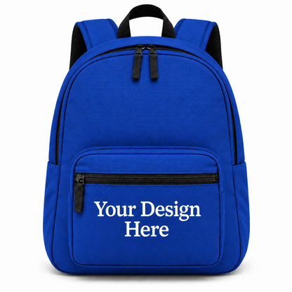 Custom value backpack in twilight blue with Your Design Here on the front zippered pocket