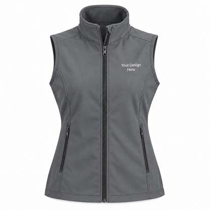 Custom women's Battleship Grey core soft shell vest with front left chest embroidery