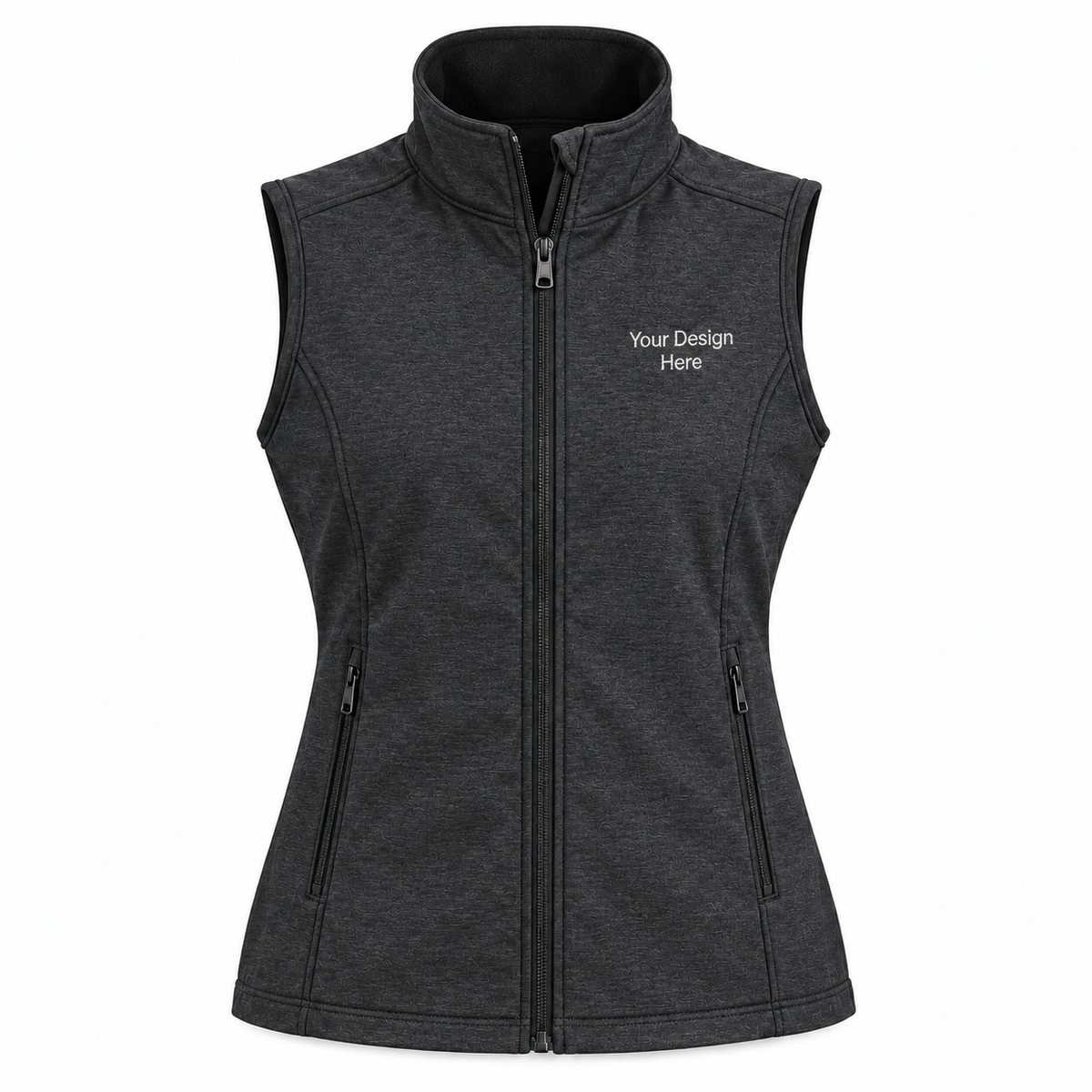 Custom women's Black Charcoal Heather core soft shell vest with front left chest embroidery