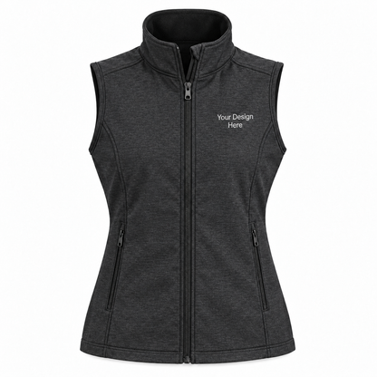 Custom women's Black Charcoal Heather core soft shell vest with front left chest embroidery