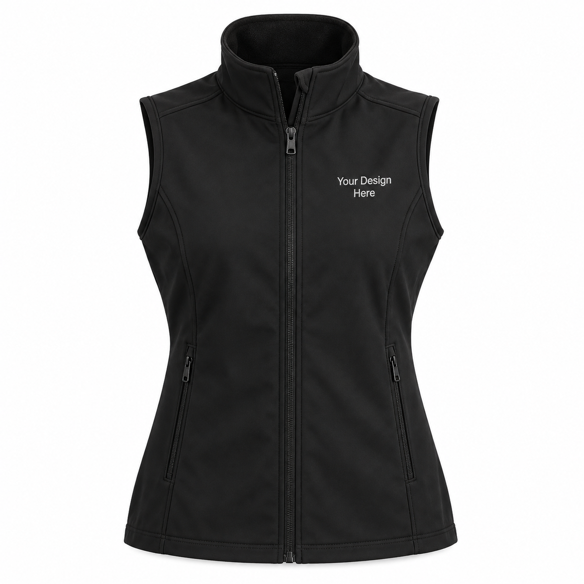 Custom women's black core soft shell vest with front left chest embroidery