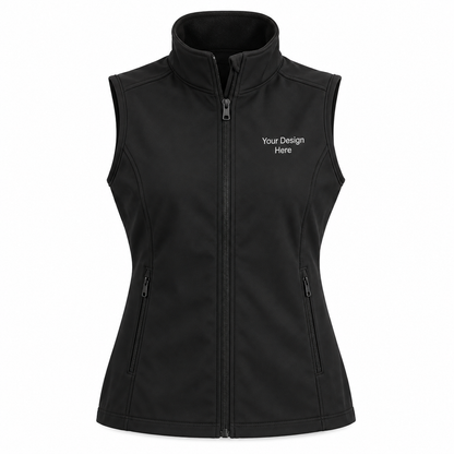 Custom women's black core soft shell vest with front left chest embroidery
