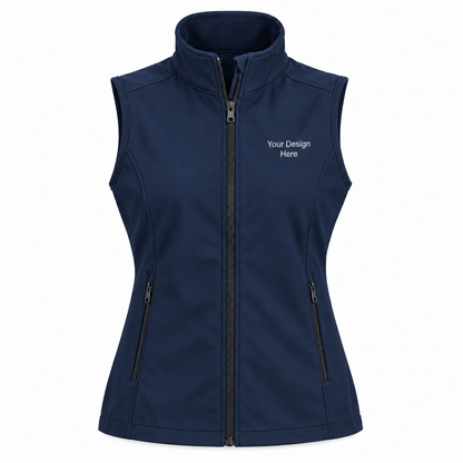 Custom women's Dress Blue Navy core soft shell vest with front left chest embroidery