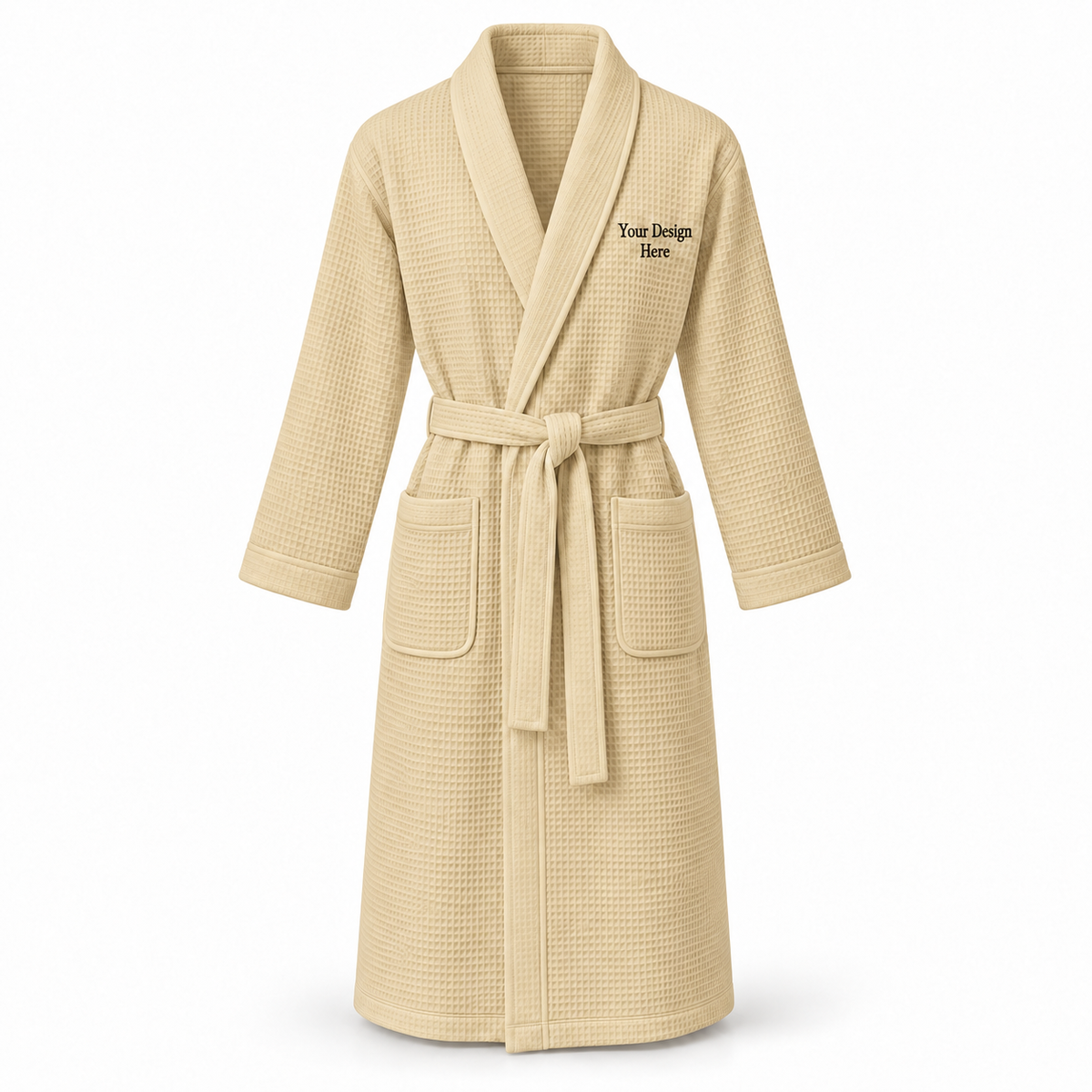 Custom women's full-length lightweight waffle robe in Beige with left chest embroidery