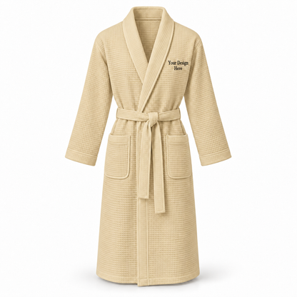 Custom women's full-length lightweight waffle robe in Beige with left chest embroidery