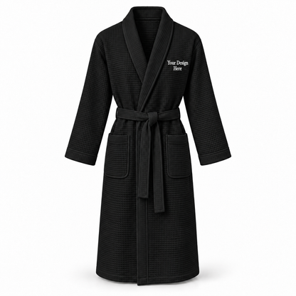 Custom women's full-length lightweight waffle robe in Black with left chest embroidery
