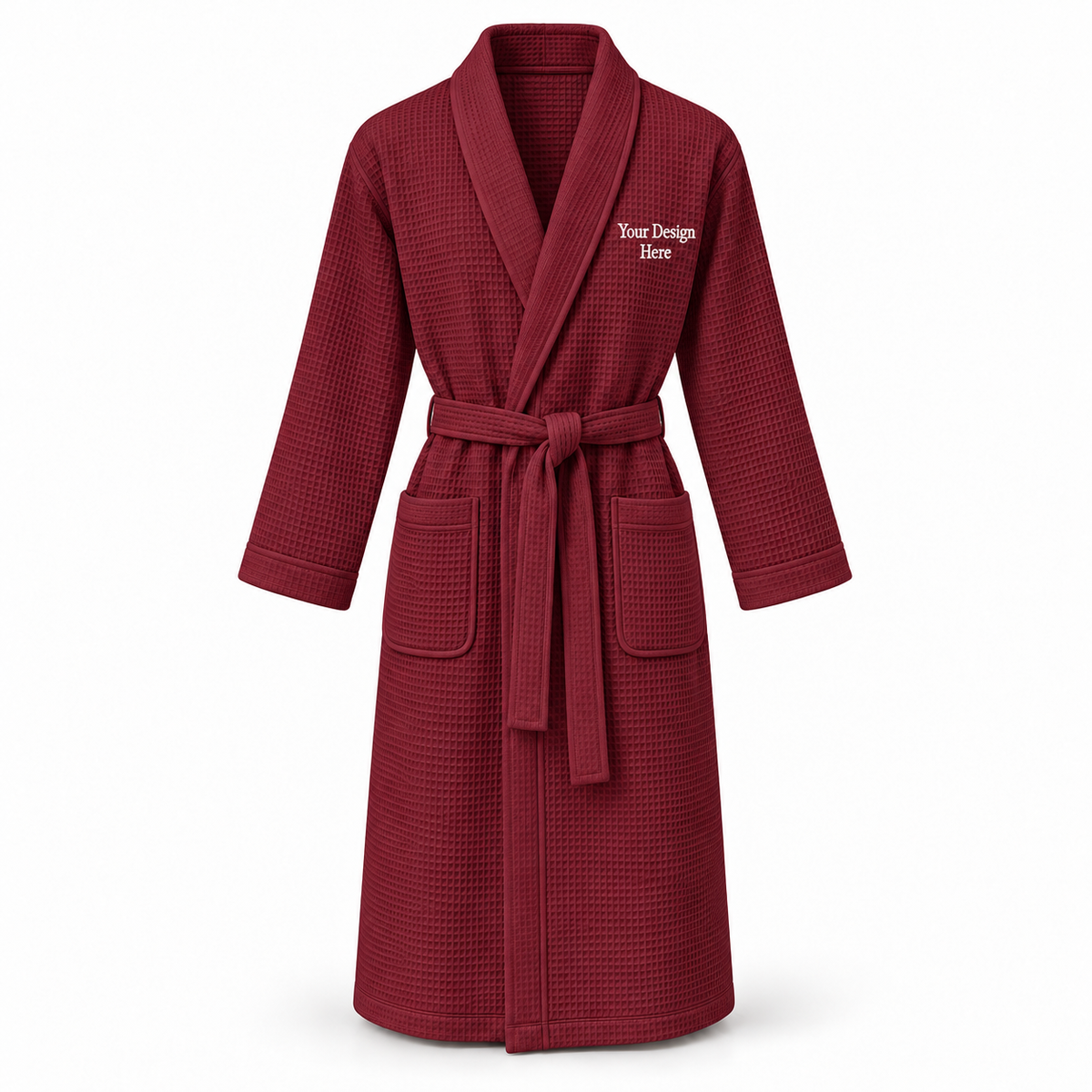 Custom women's full-length lightweight waffle robe in Burgundy Red with left chest embroidery