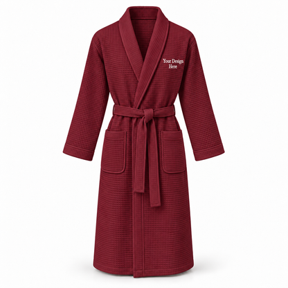 Custom women's full-length lightweight waffle robe in Burgundy Red with left chest embroidery