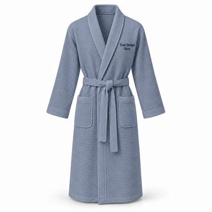 Custom women's full-length lightweight waffle robe in Dusty Blue with left chest embroidery