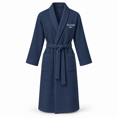 Custom women's full-length lightweight waffle robe in Navy with left chest embroidery