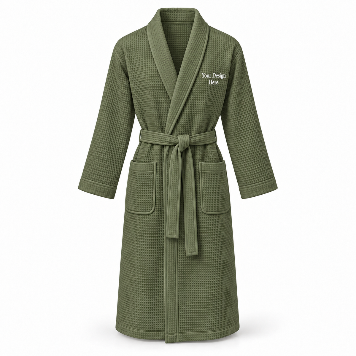 Custom women's full-length lightweight waffle robe in Olive with left chest embroidery