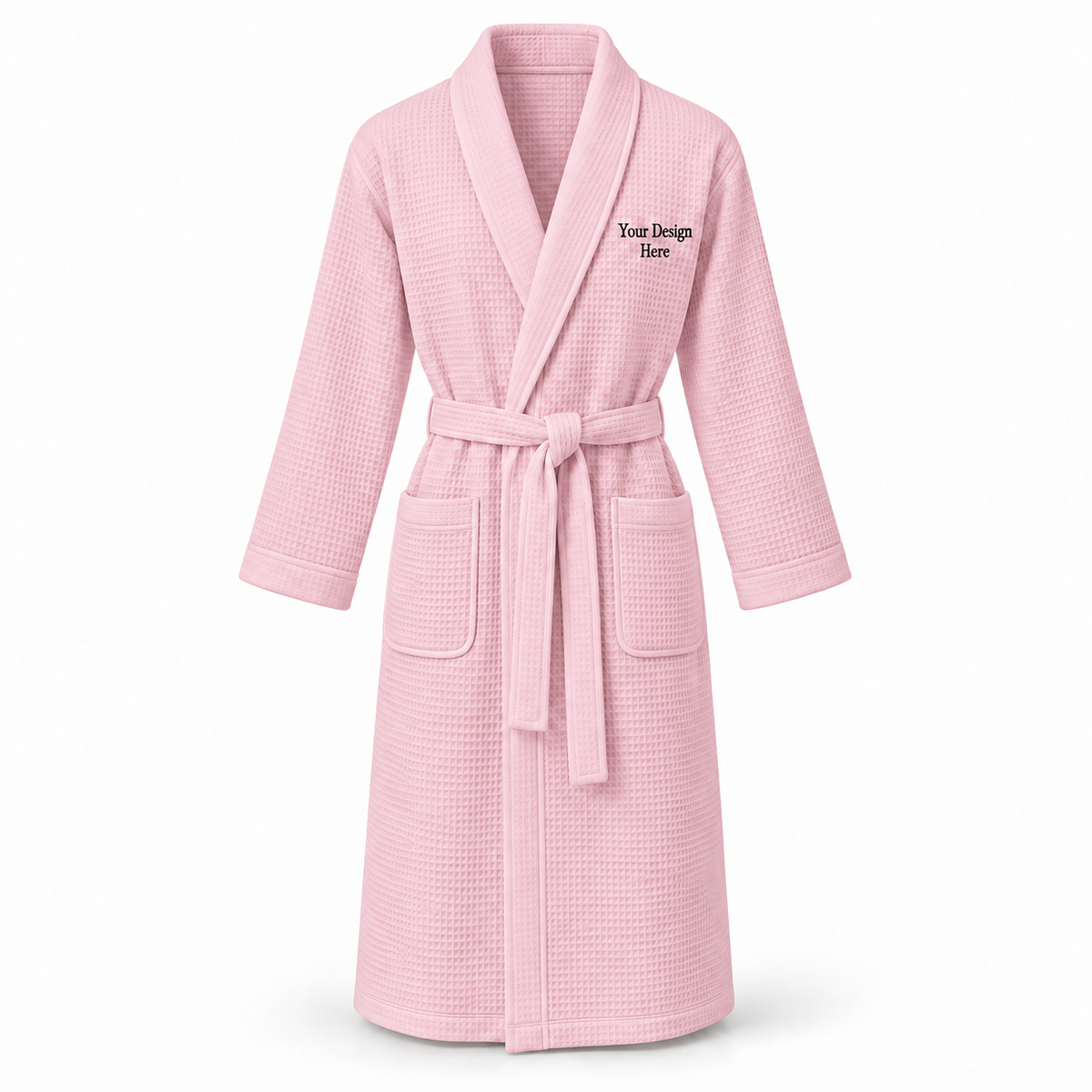 Custom women's full-length lightweight waffle robe in Pale Pink with left chest embroidery