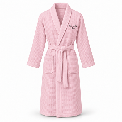 Custom women's full-length lightweight waffle robe in Pale Pink with left chest embroidery