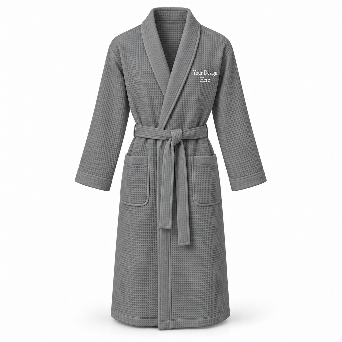 Custom women's full-length lightweight waffle robe in Smokey Grey with left chest embroidery