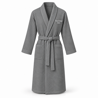 Custom women's full-length lightweight waffle robe in Smokey Grey with left chest embroidery